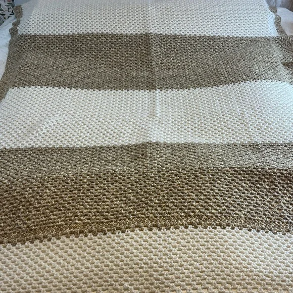 Handmade Double Crochet Cream & Tan Striped Knit Blanket (54” wide x 76” long)
